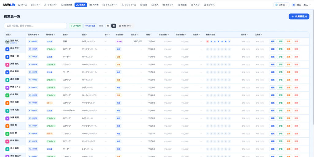 ShiftLift 従業員タブの一覧画面と新規追加ボタン